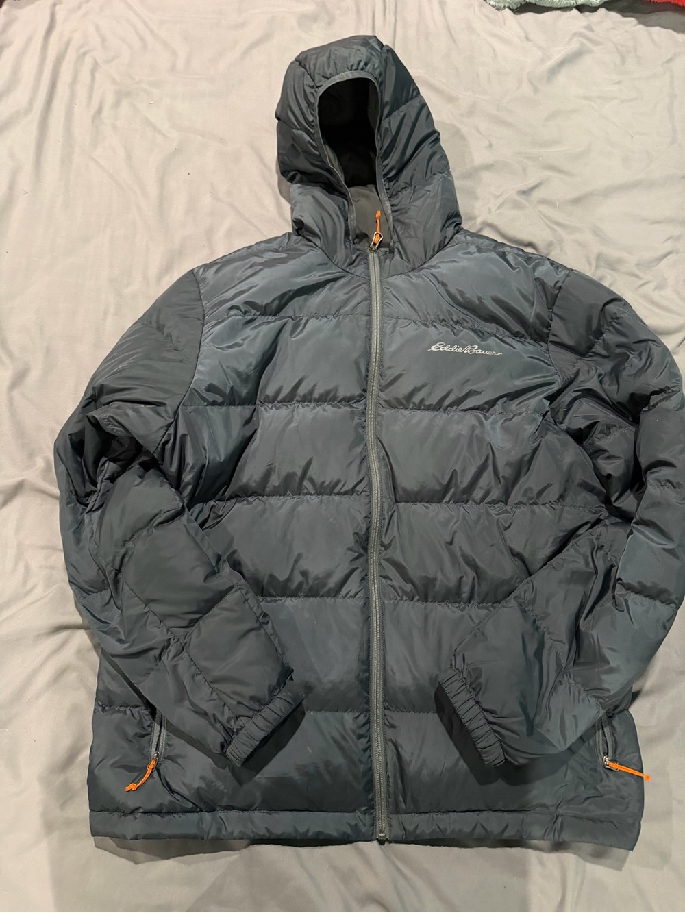 Eddie Bauer Men's Hooded Puffer Jacket in Slate Gray with Orange Accents